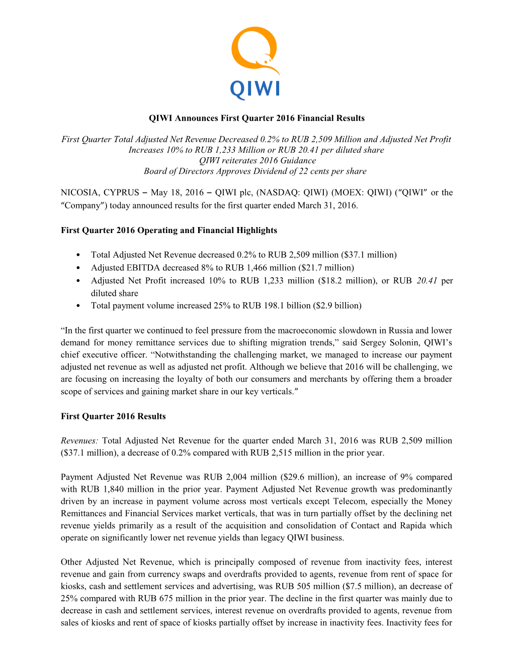 QIWI Announces Firstquarter2016 Financial Results