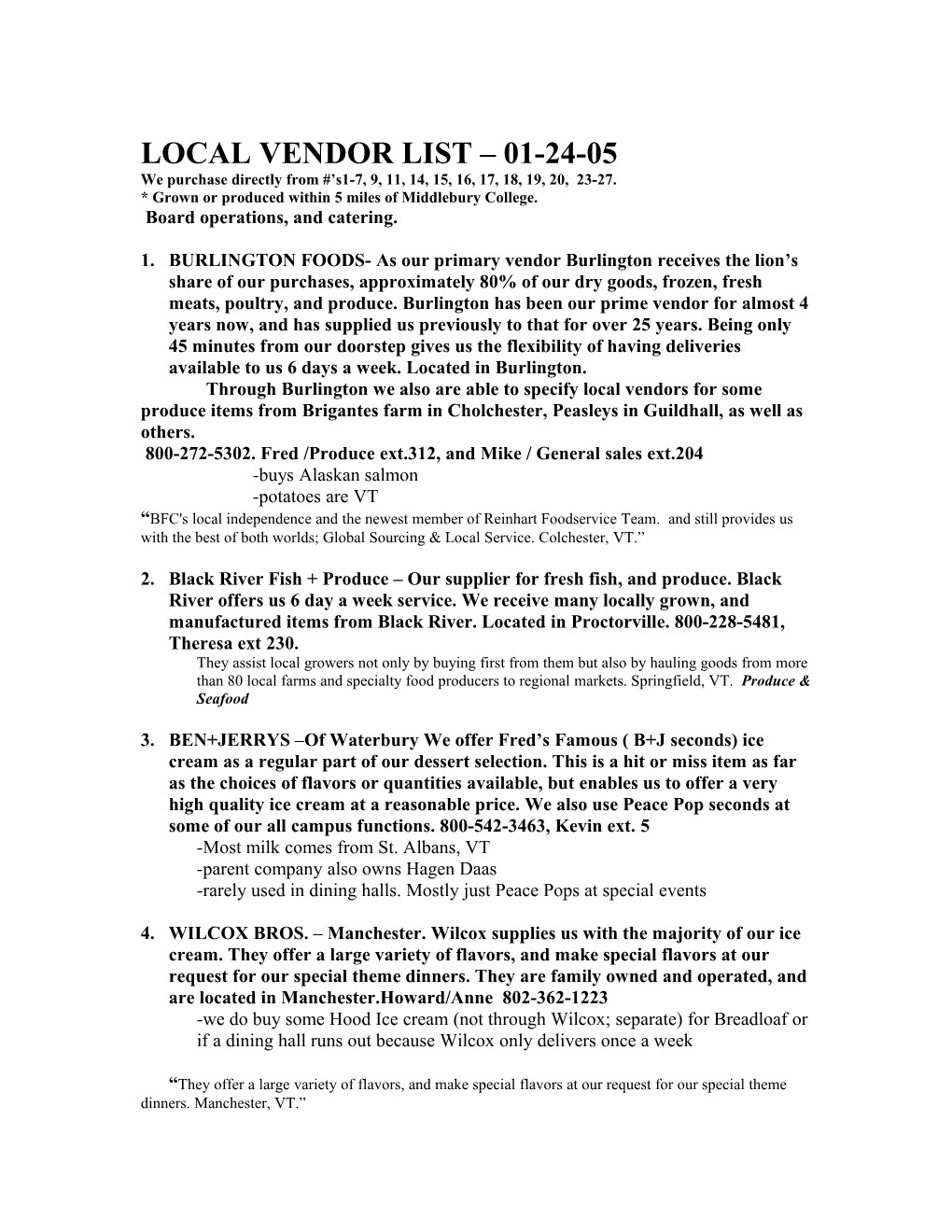 Local Vendor List As of 1/4/ 00