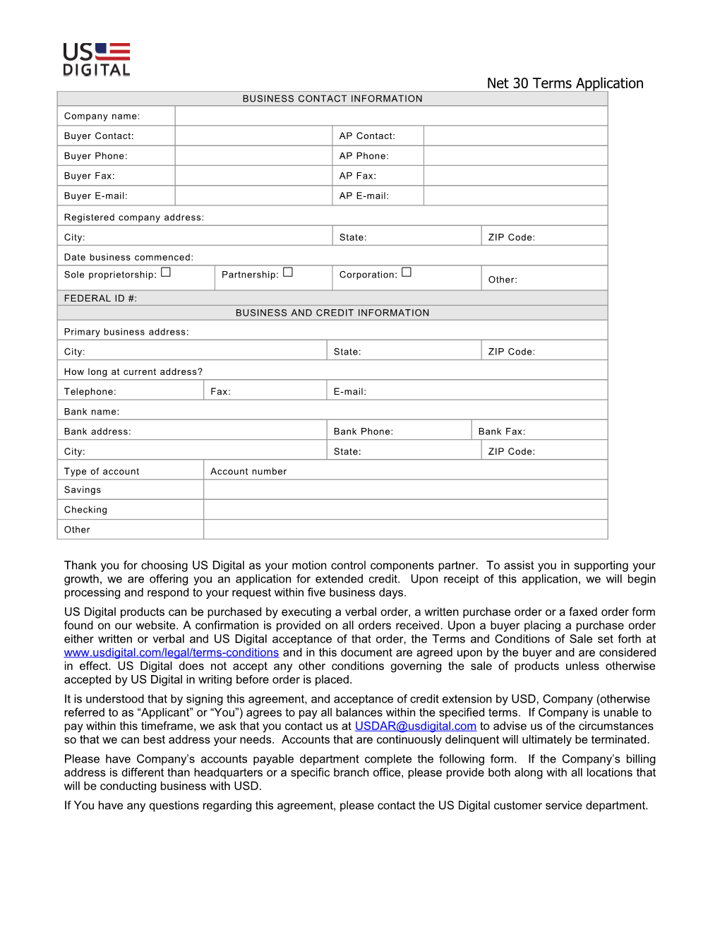 Domestic NET30 Terms Application