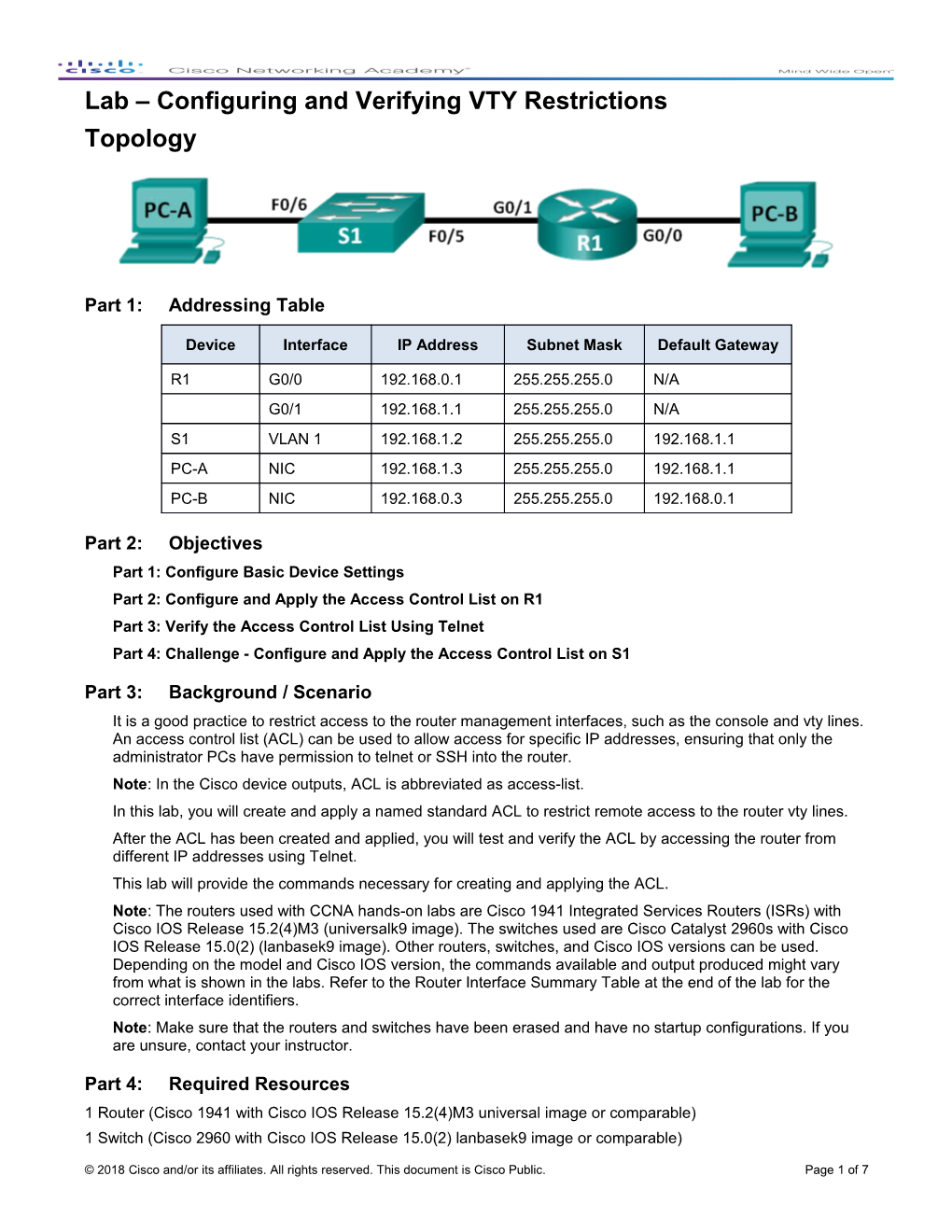 Lab Configuring and Verifying VTY Restrictions