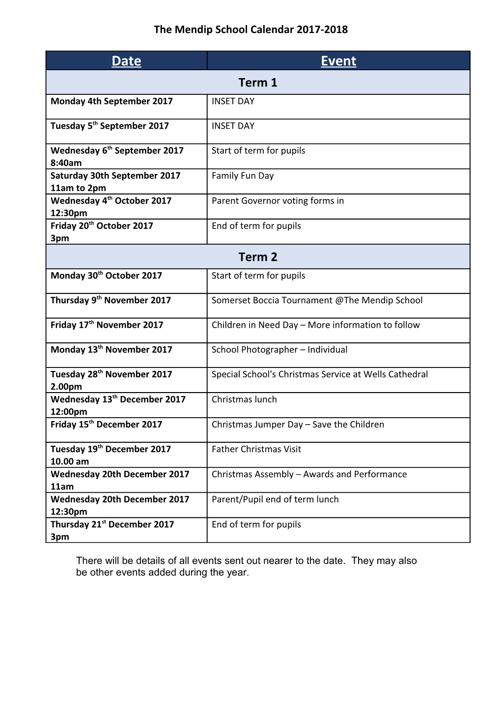 The Mendip School Calendar 2017-2018