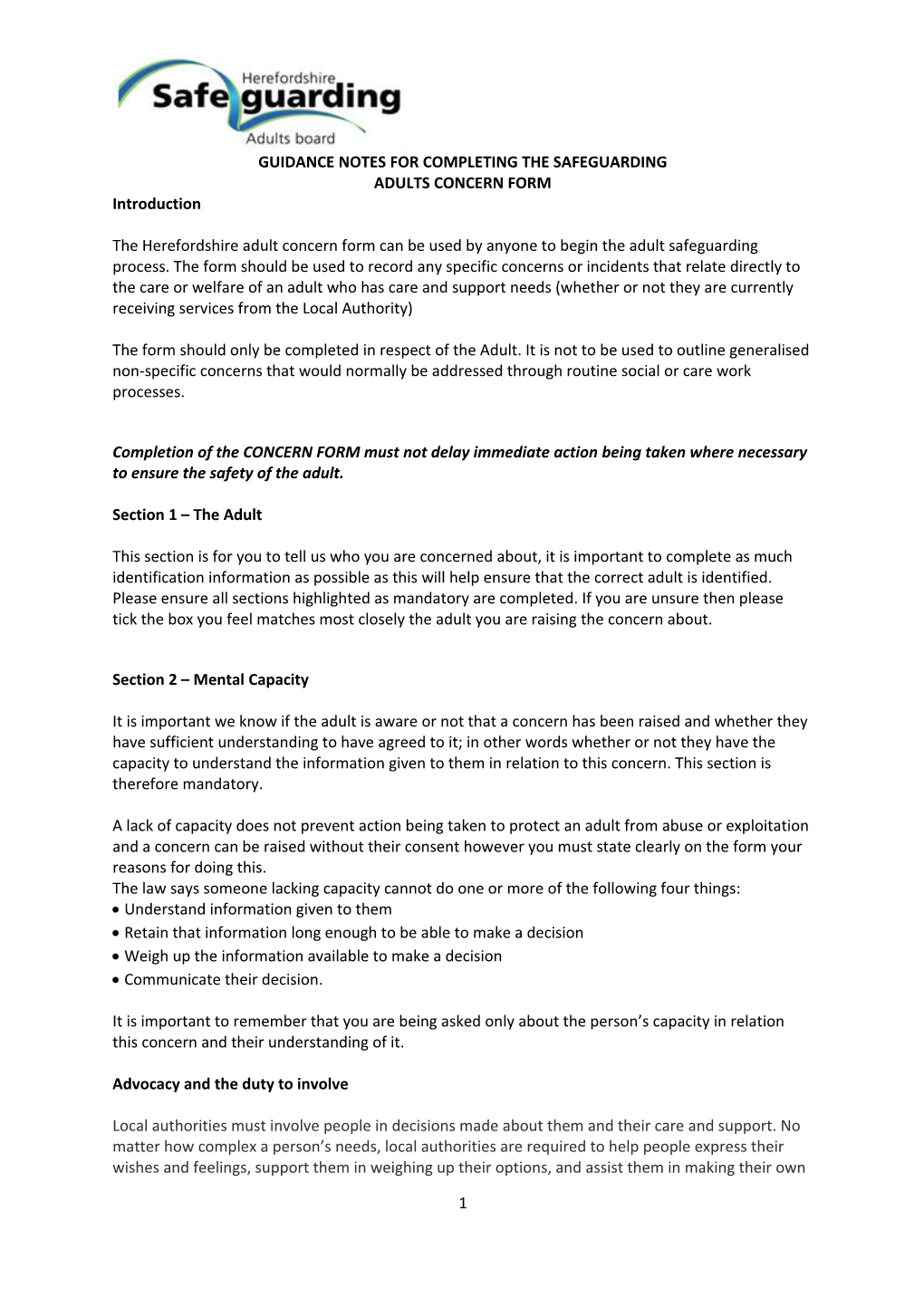 Guidance Notes for Completing the Safeguarding