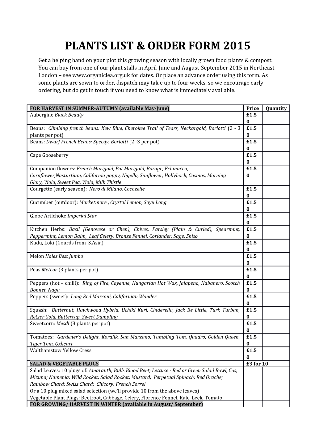 Plants List & Order Form 2015