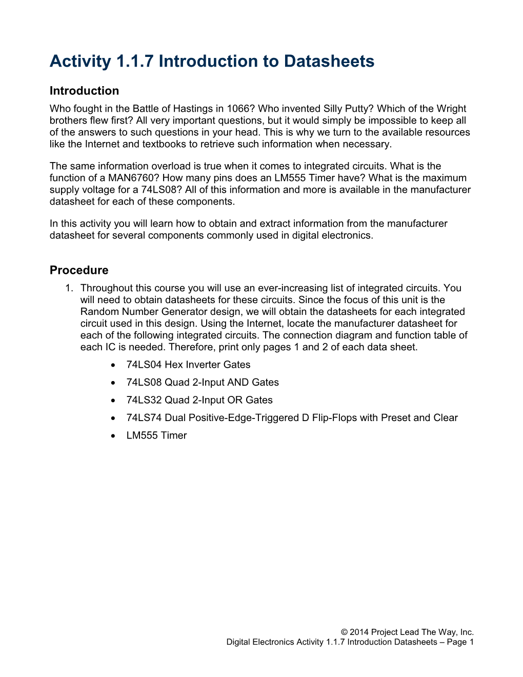 1.1.7.A Introduction to Logic & Datasheets