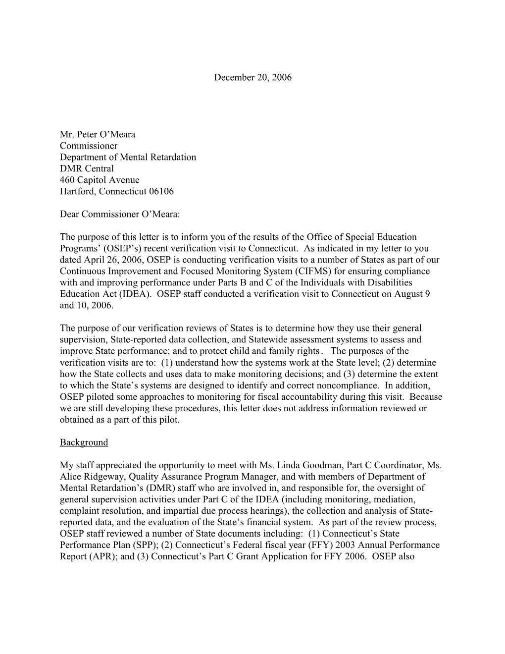 Connecticut Part C Verification Letter for Grant Year 2006-2007 (MS WORD)