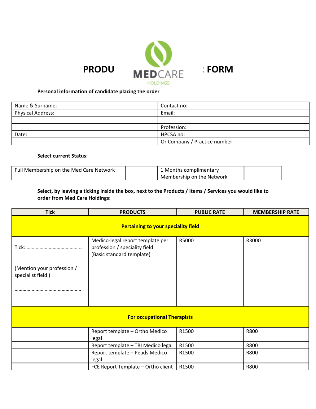 Product & Service Order Form