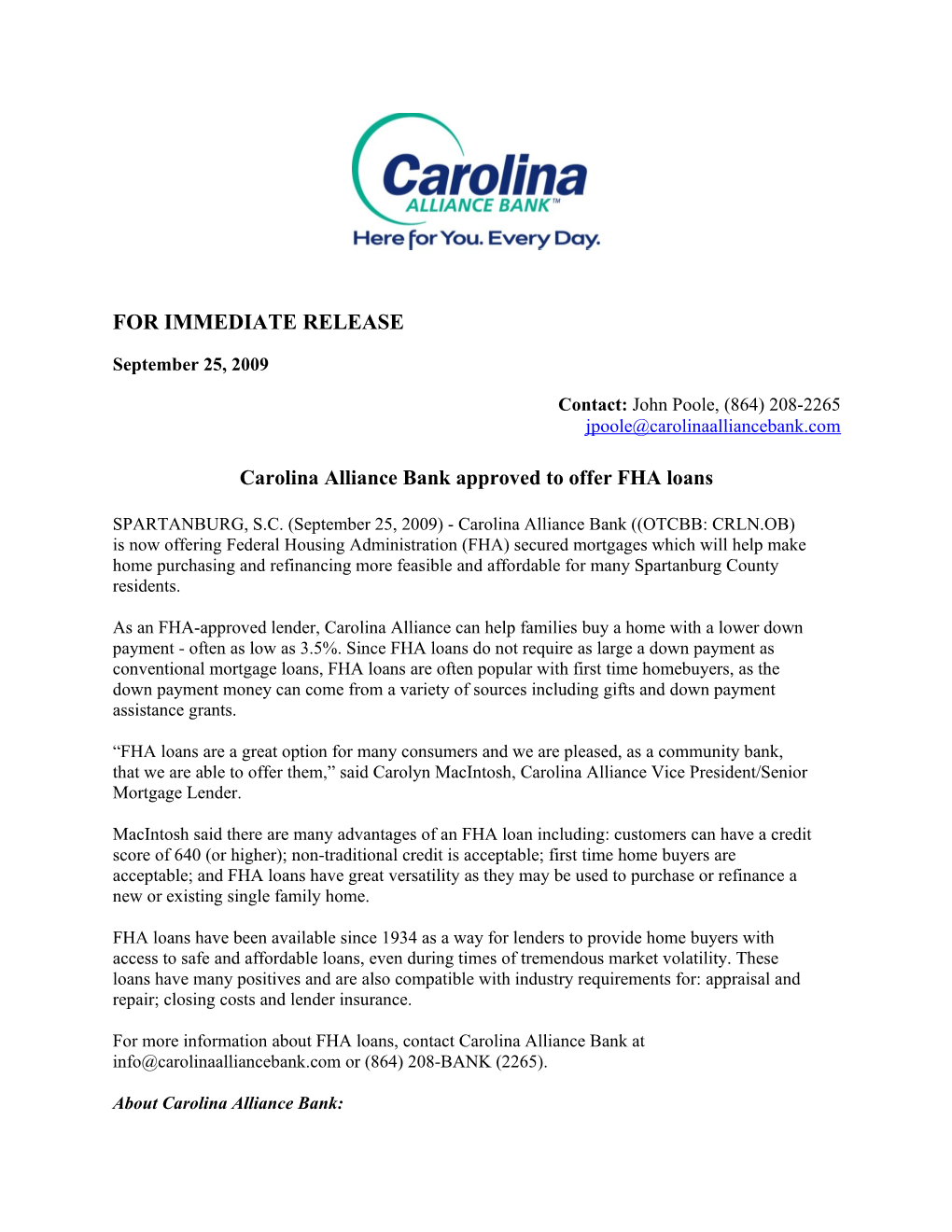 Carolina Alliance Bank Approved to Offer FHA Loans