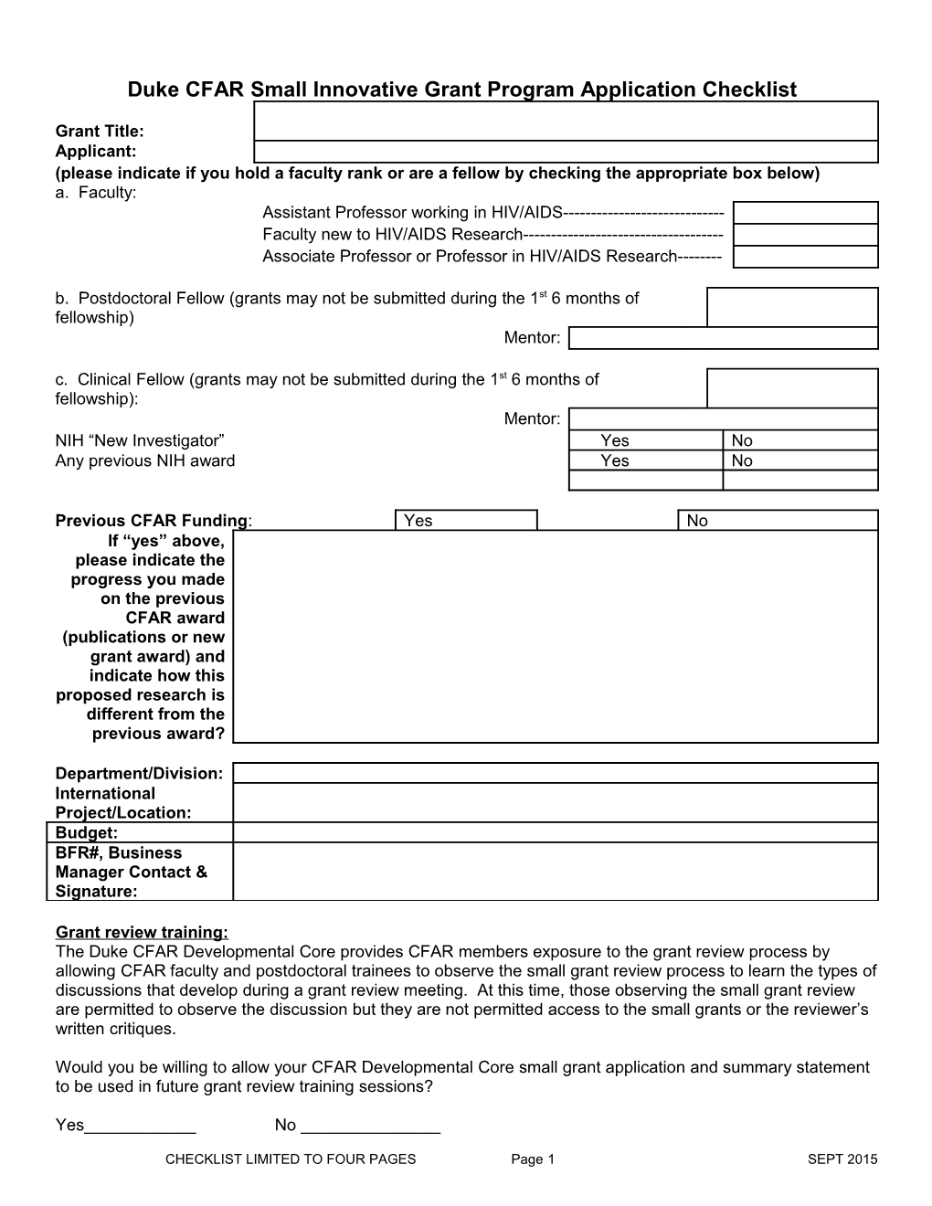 Duke CFAR Small Innovative Grant Program Cover Sheet