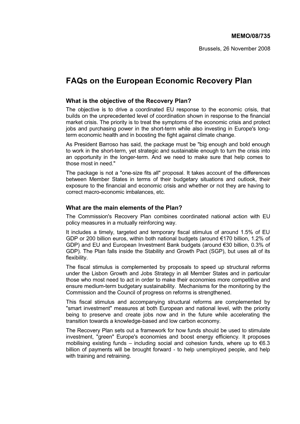 Faqs on the European Economic Recovery Plan