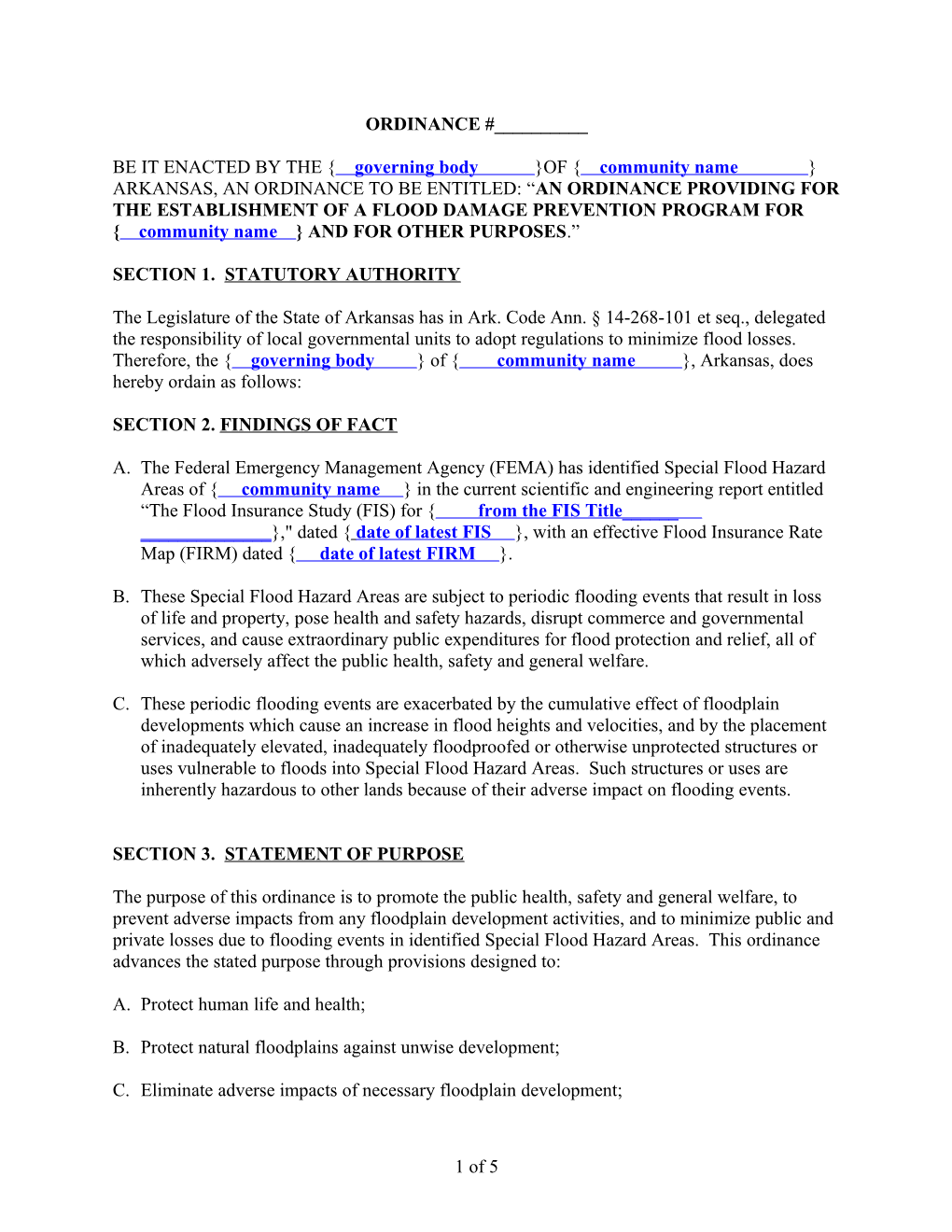 Instructions for Using a One-Page Ordinance for Nfip Application