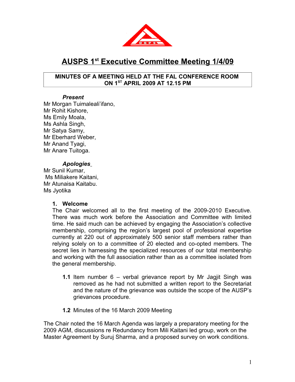 AUSPS Executive Committee Meeting Minutes 1/4/09