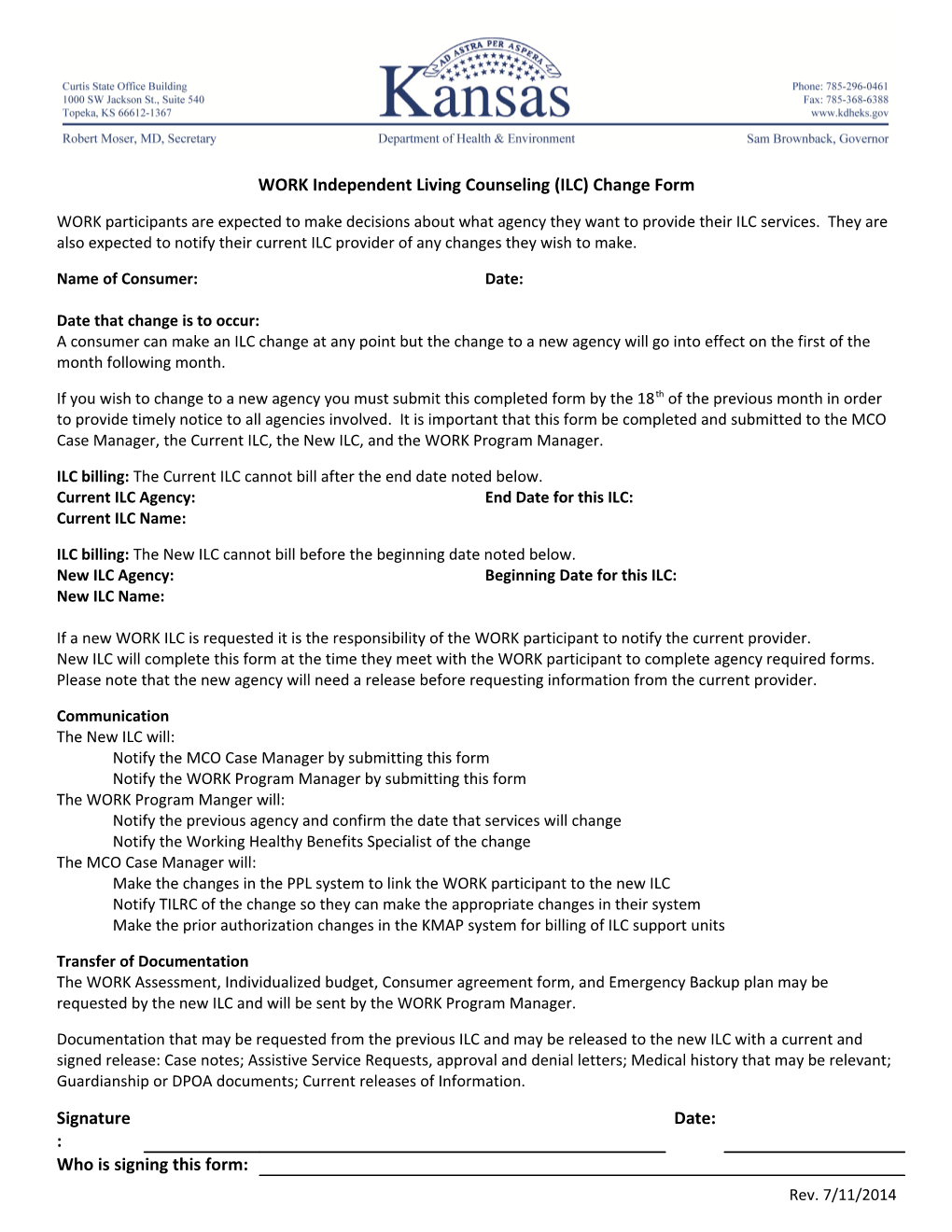WORK Independent Living Counseling (ILC) Change Form