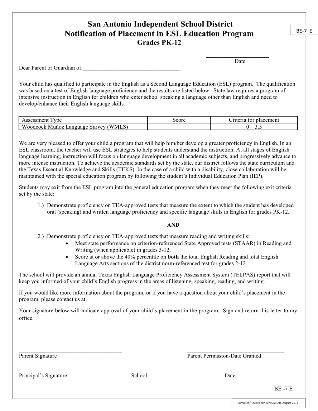 Notification of Placement in ESL Education Program