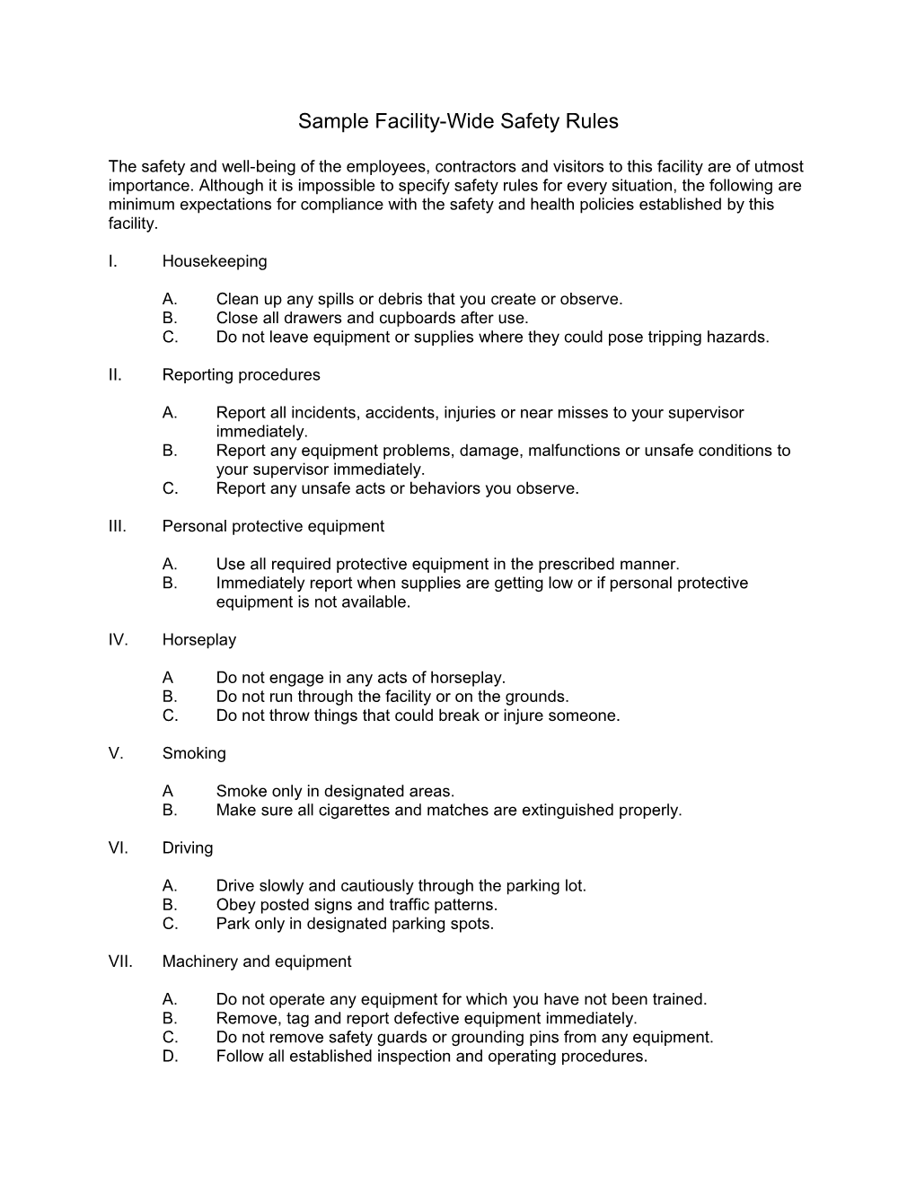 Sample Facility-Wide Safety Rules