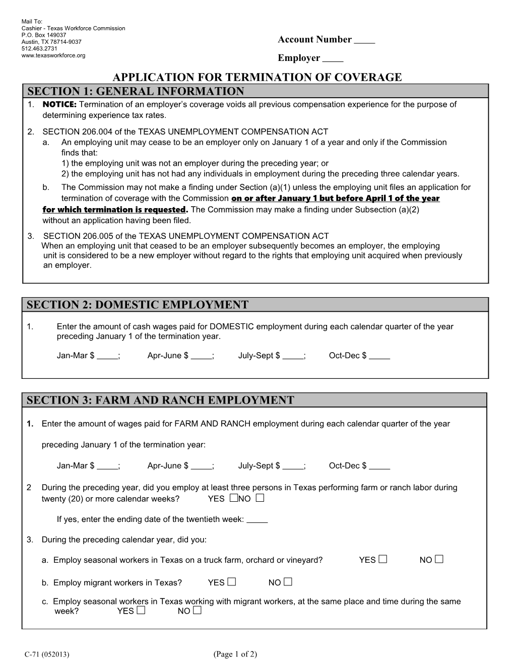 Form C-71: Application for Termination of Coverage