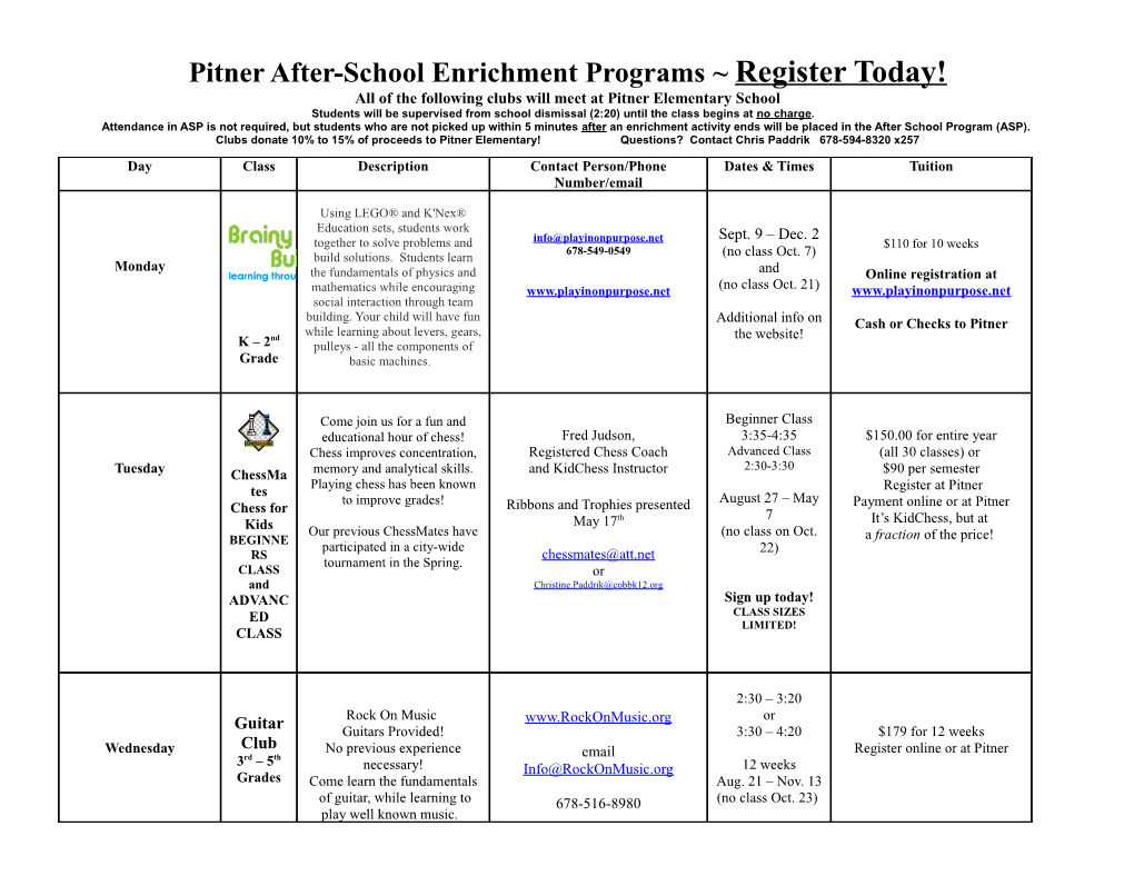 Pitner After-School Enrichment Programs Register Today!