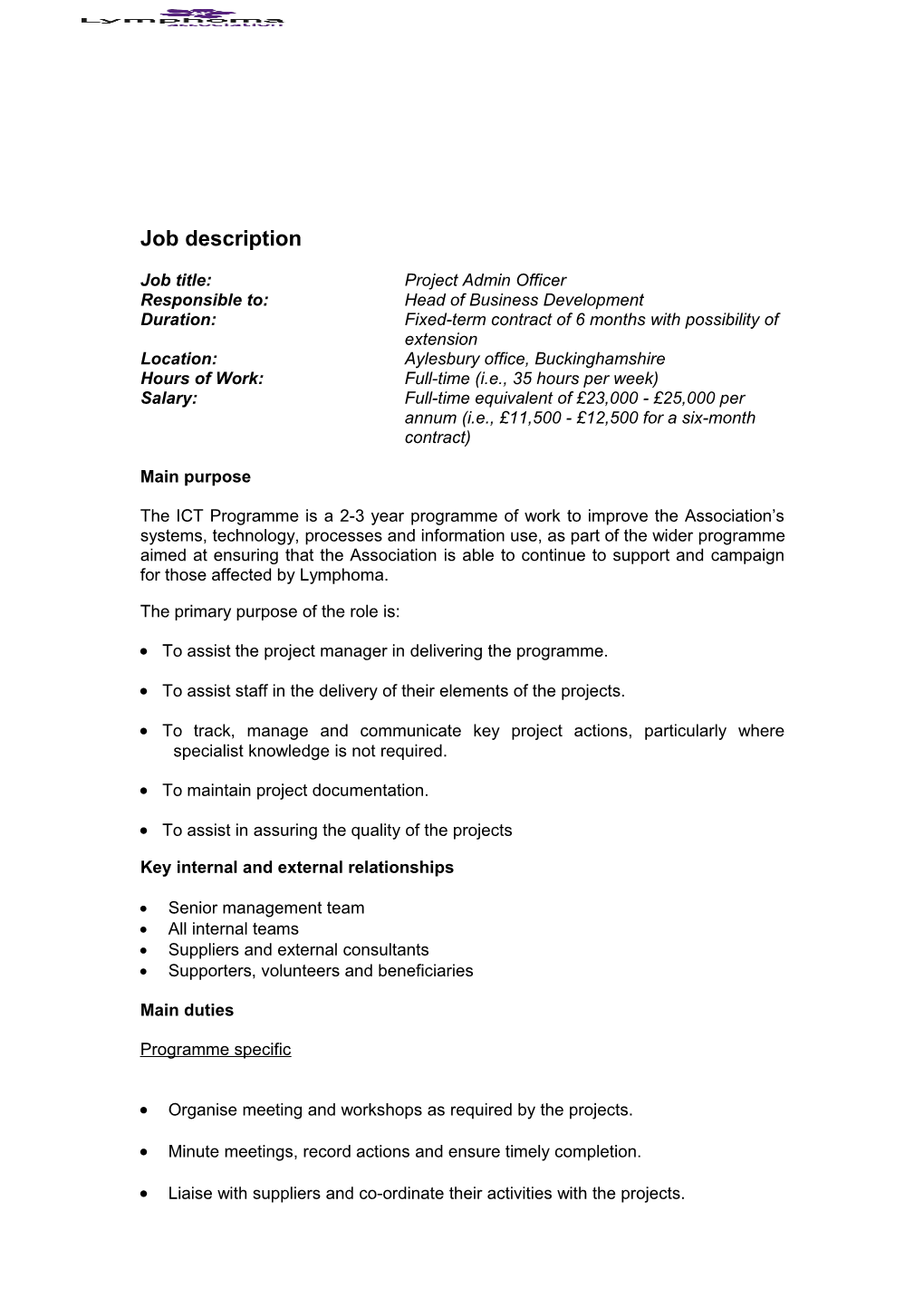 Job Title:Project Admin Officer