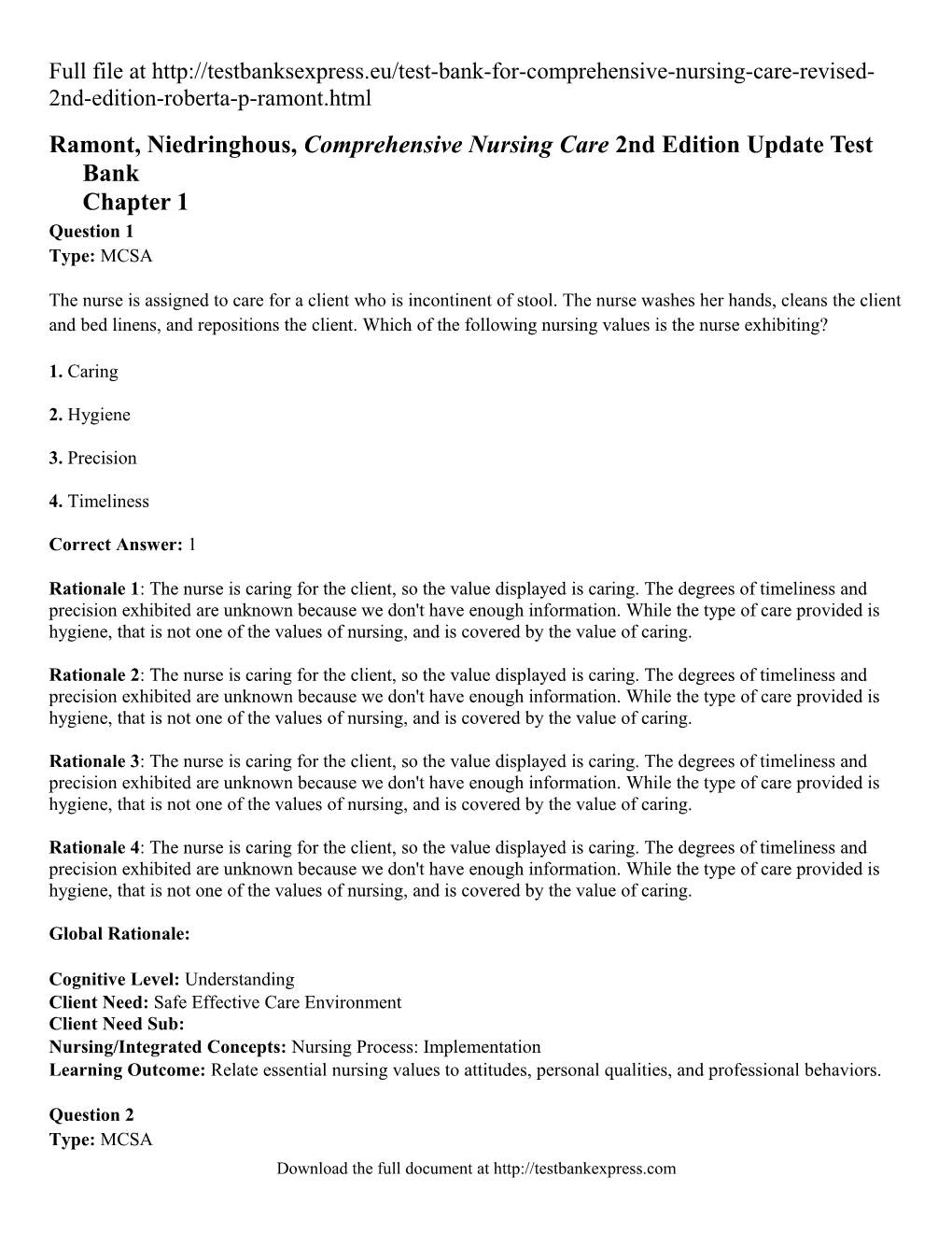 Ramont, Niedringhous, Comprehensive Nursing Care 2Nd Edition Update Test Bankchapter 1