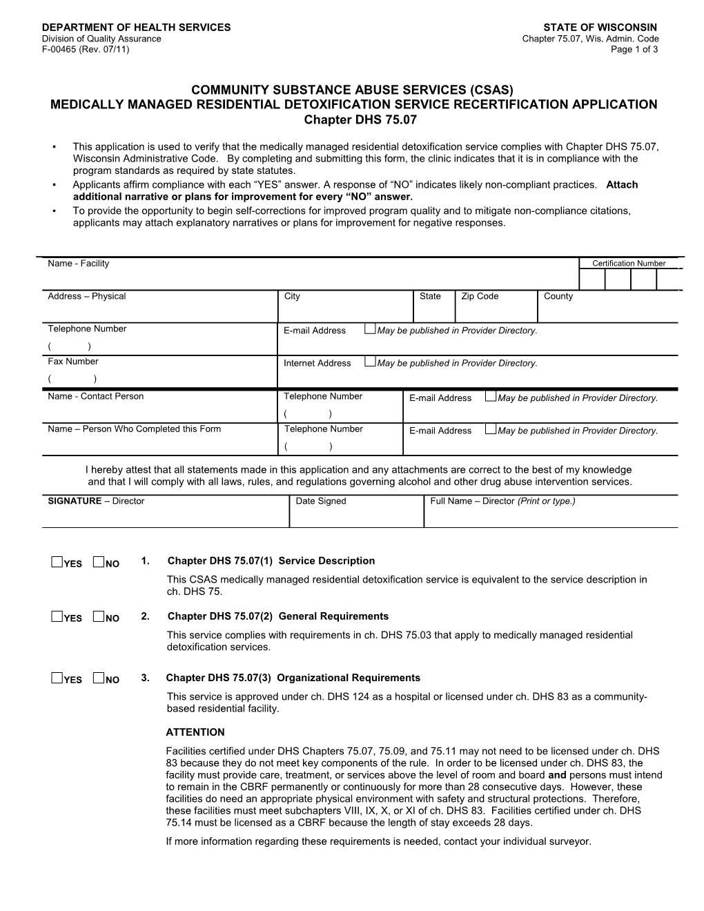 CSAS Medically Managed Residential Detoxification Service Recertification Application