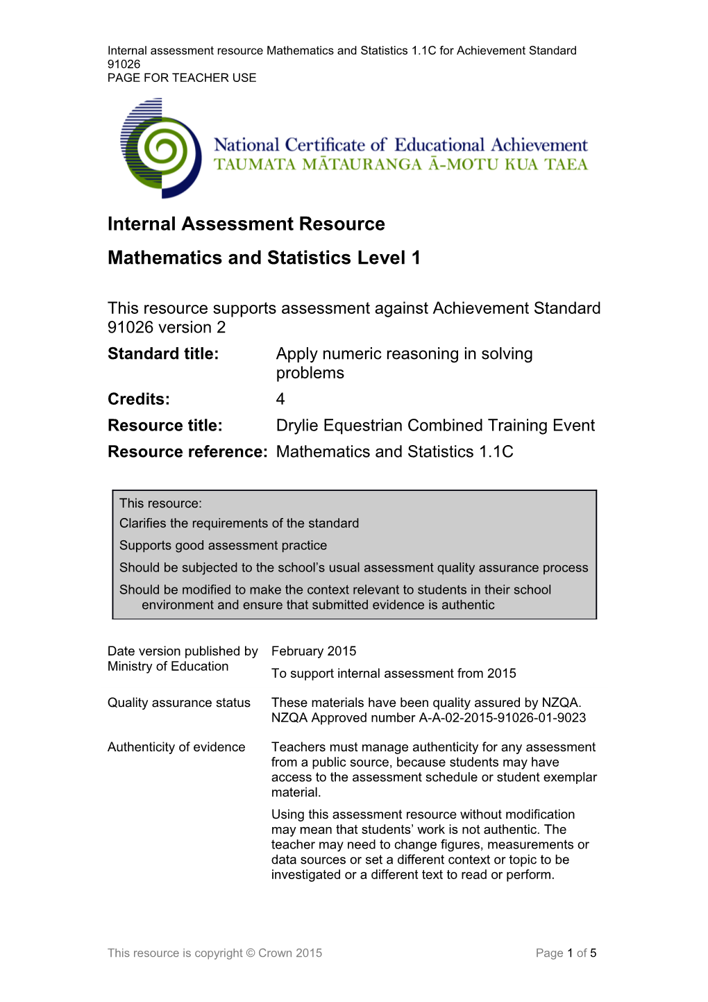 Internal Assessment Resource Mathematics & Statistics L1