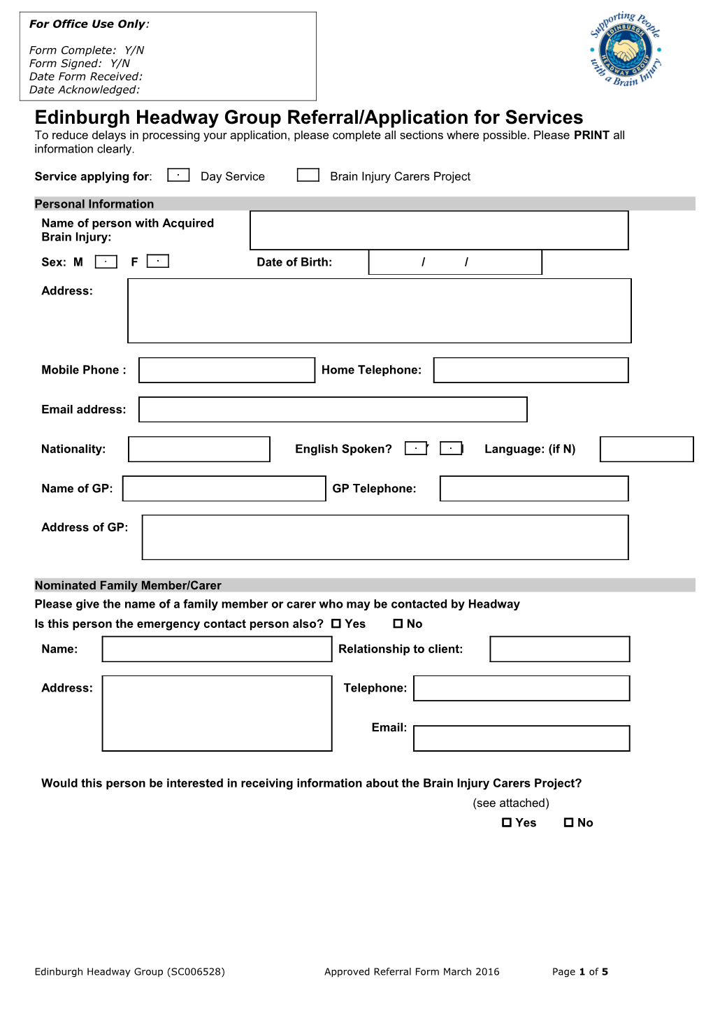 Edinburgh Headway Group Referral/Application for Services