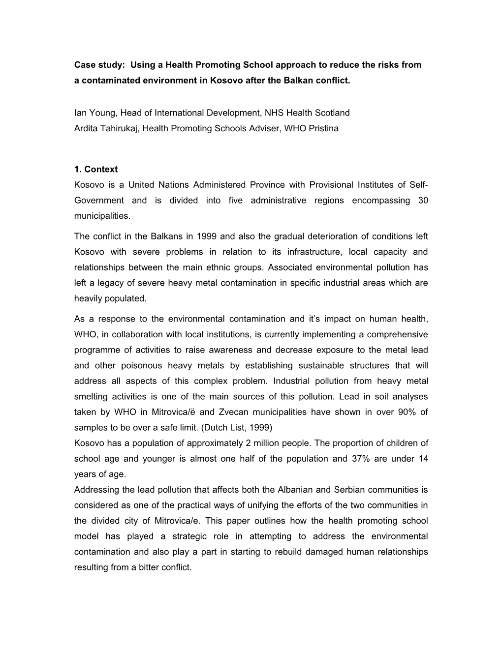 Case Study: a Health Promoting School Approach Used to Reduceing the Risks of Lead Poisoning