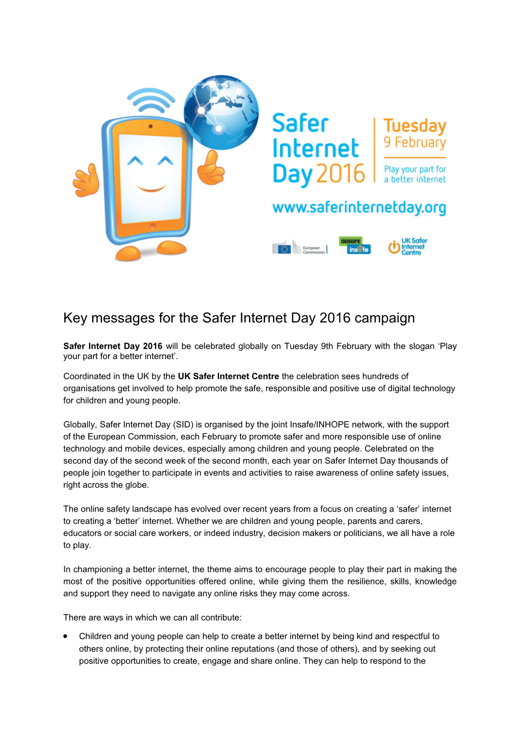 Key Messages for the Safer Internet Day 2016 Campaign