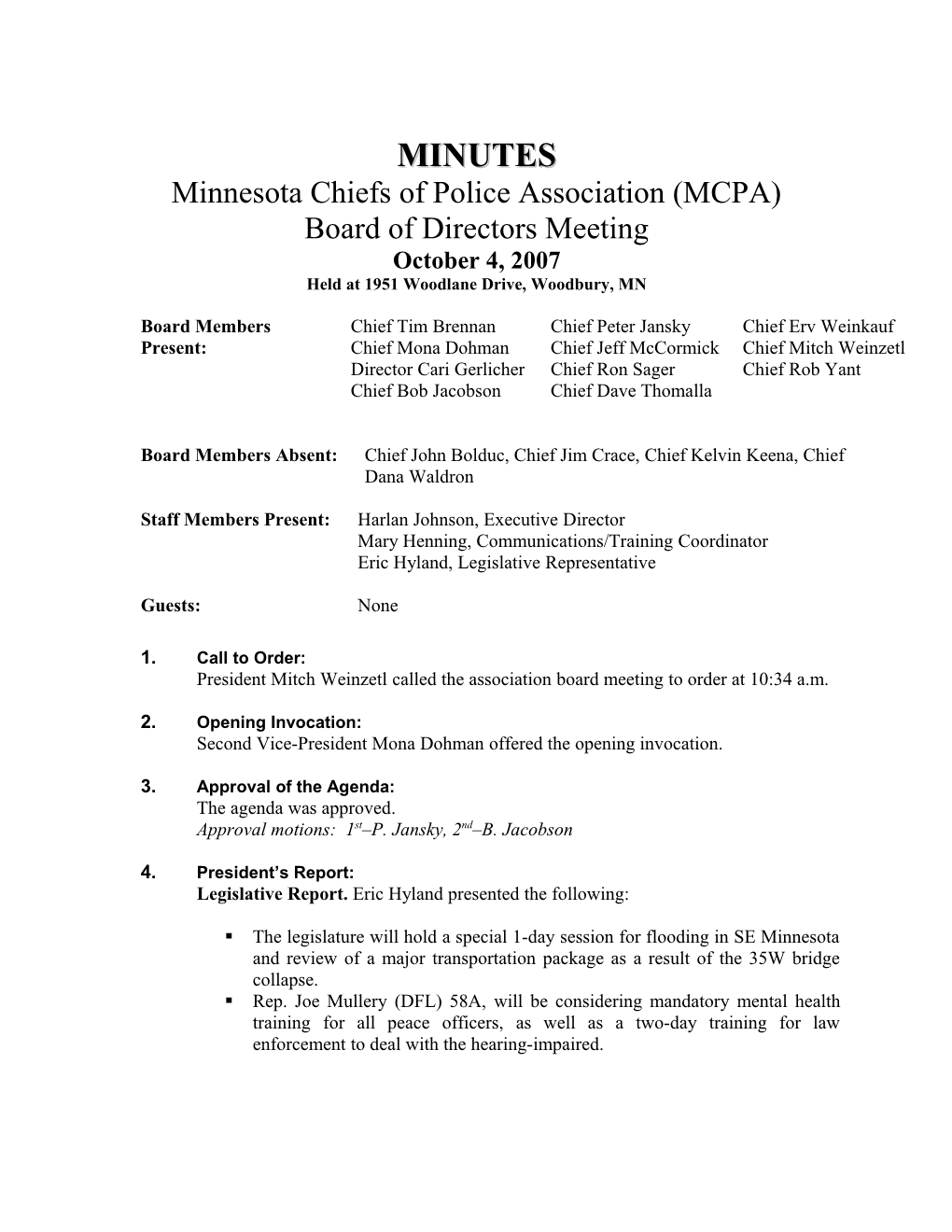 Minutes Minnesota Chiefs of Police Association Jan. 19, 2006 Board Meeting Page 1 of 6