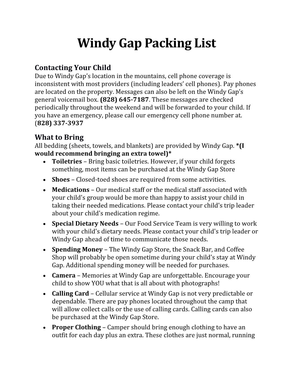 Windy Gap Packing List
