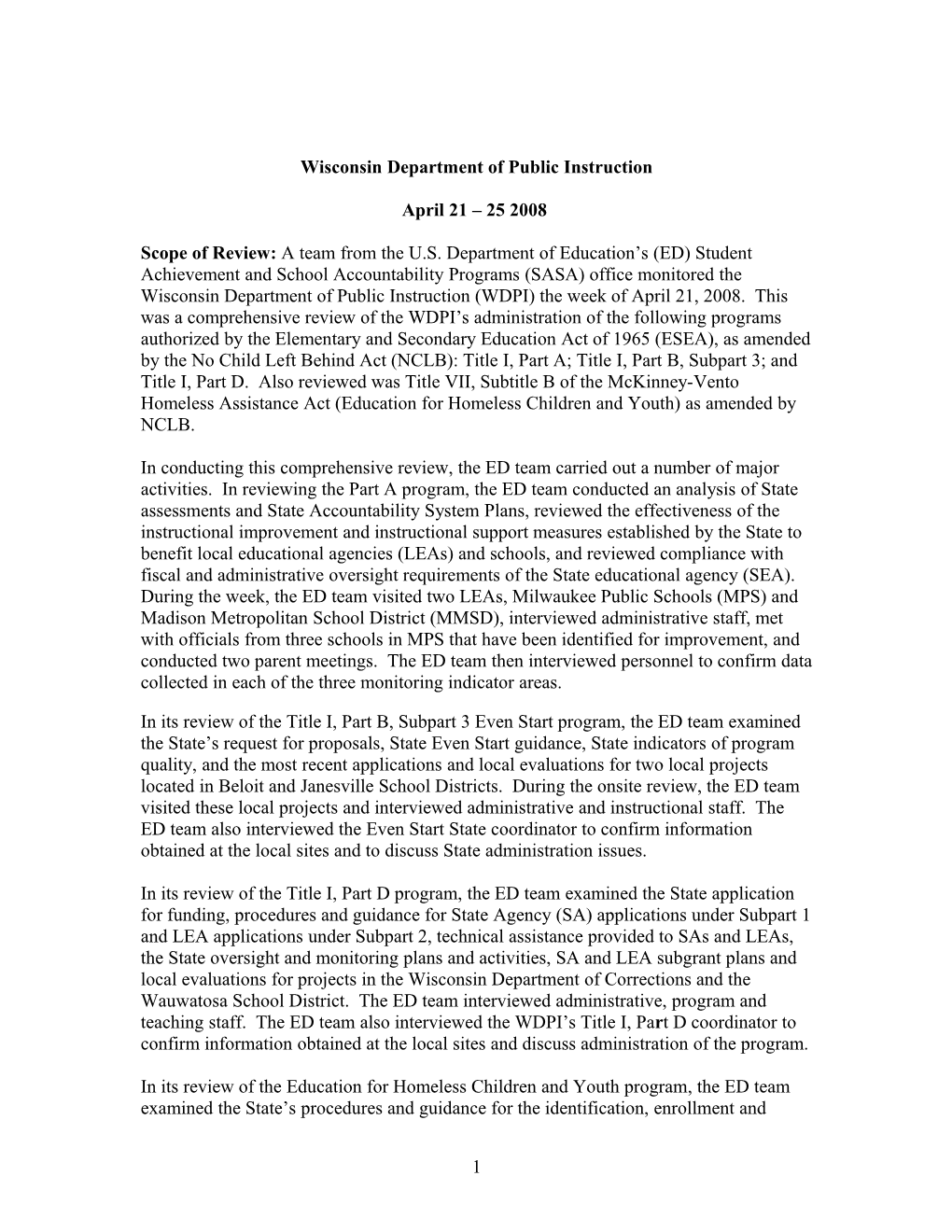 SASA Title I Monitoring Report for Wisconsin, April 21-25, 2008 (MS Word)
