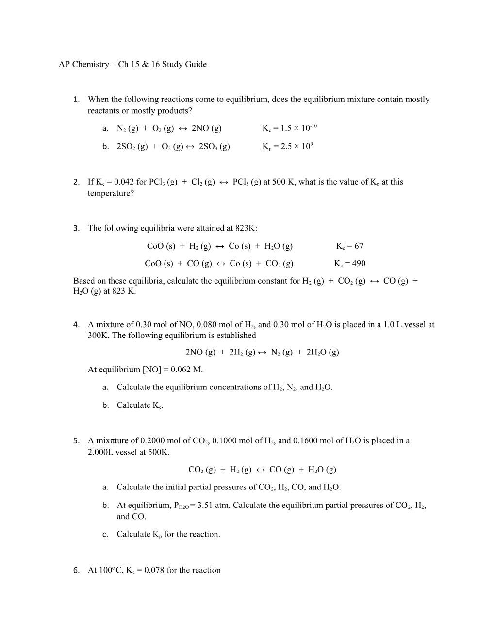 AP Chemistry Ch 15 & 16 Study Guide