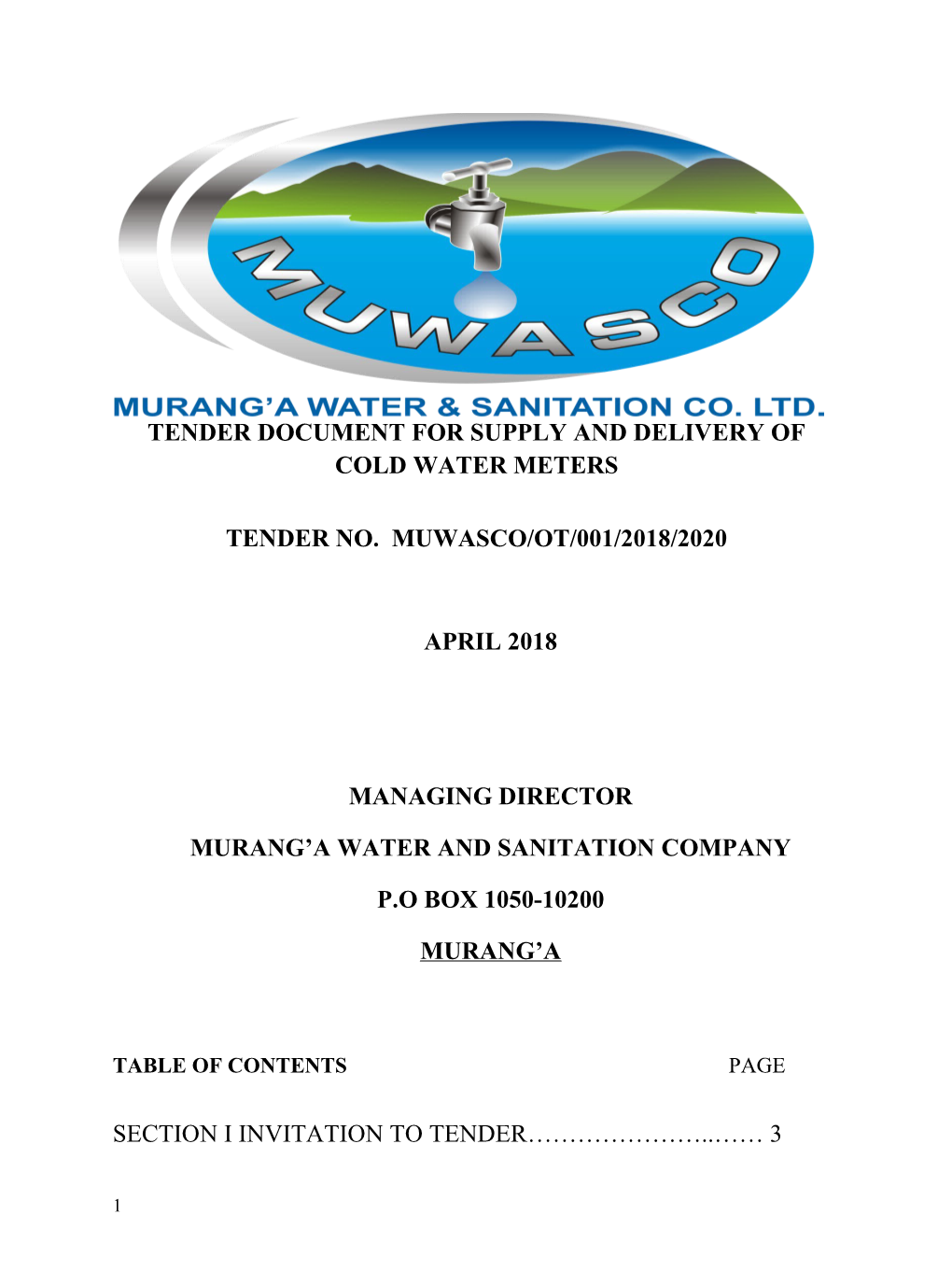 Tender Document for Supply and Delivery of Cold Water Meters