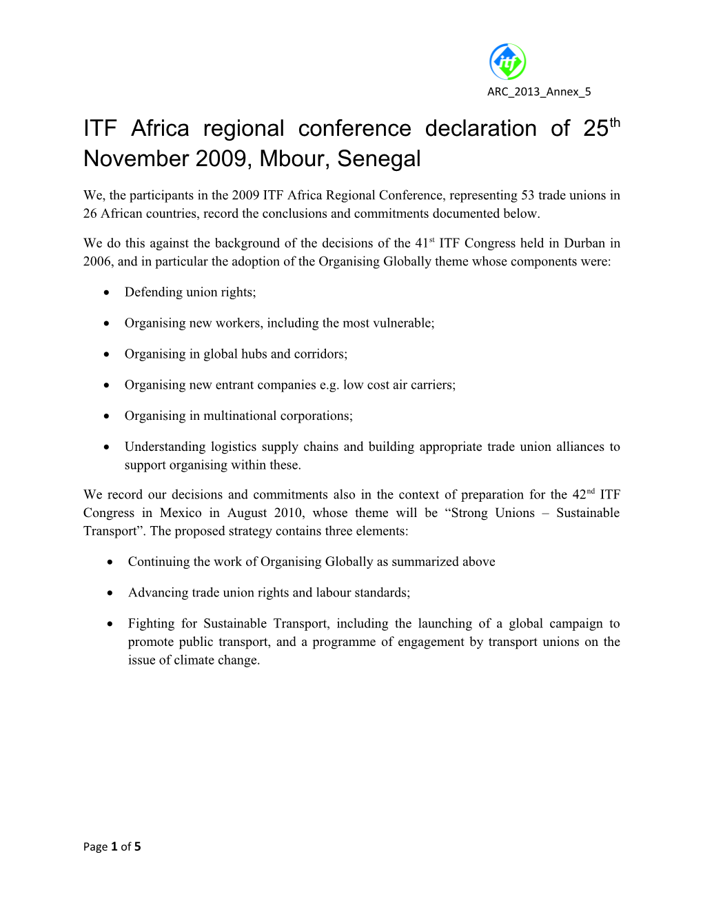 ITF Africa Regional Conferencedeclaration of 25Th November 2009, Mbour, Senegal