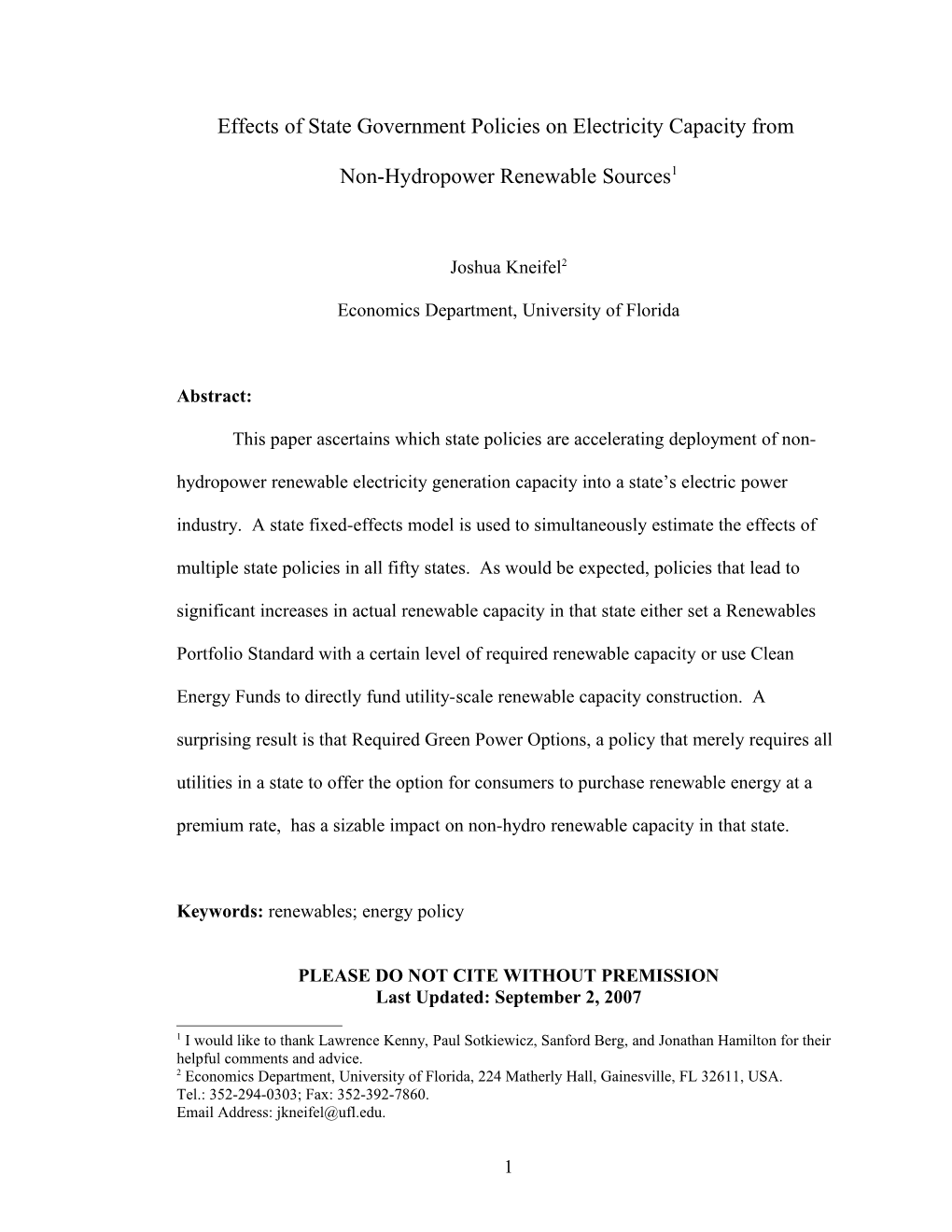 Effects of State Government Policies on Electricity Capacity From