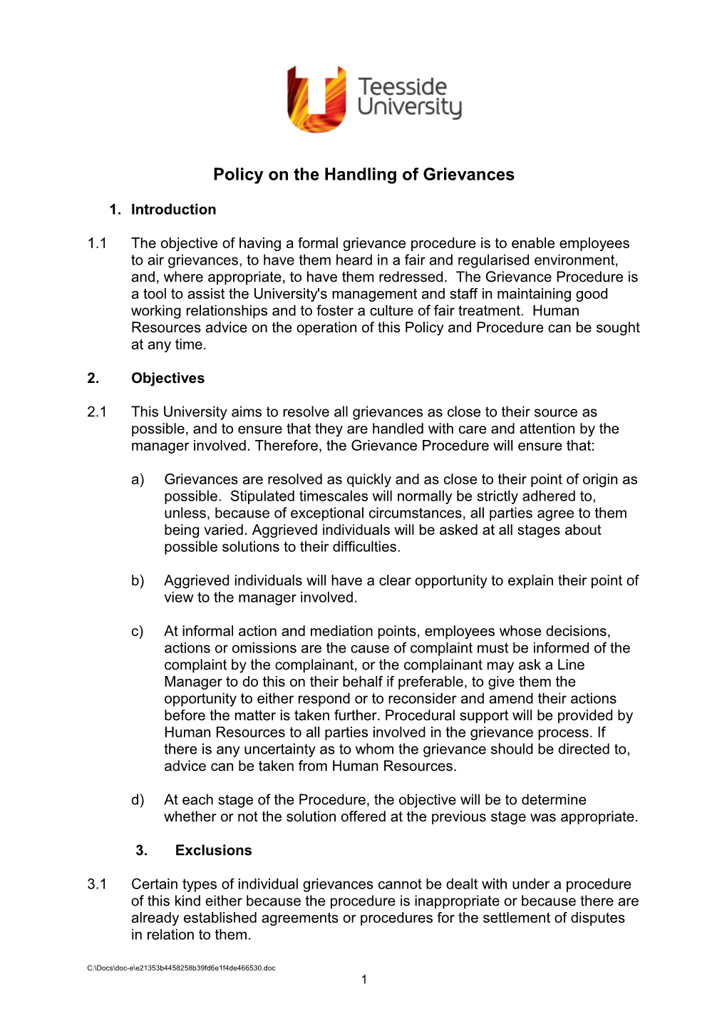 Policy on the Handling of Grievances