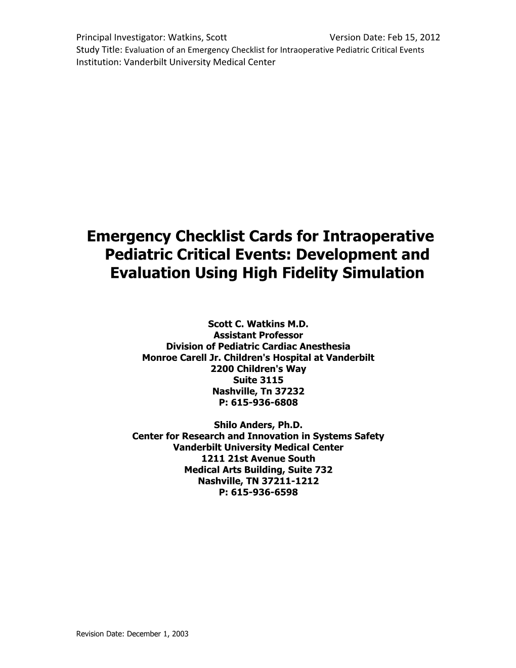 Study Title: Evaluation of an Emergency Checklist for Intraoperative Pediatric Critical Events