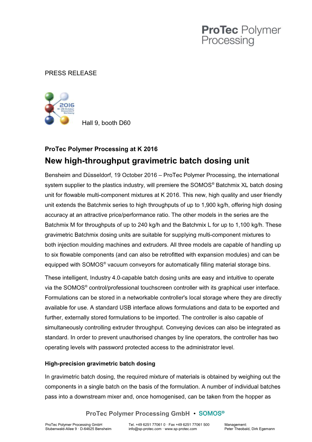 Page 1 of Press Release: New High-Throughput Gravimetric Batch Dosing Unit