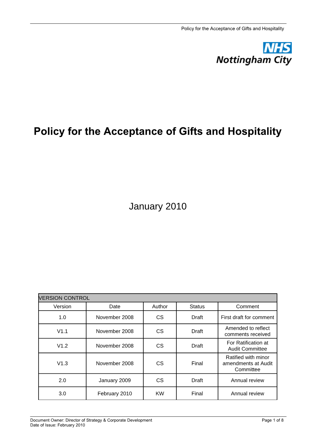Policy for the Acceptance of Gifts and Hospitality