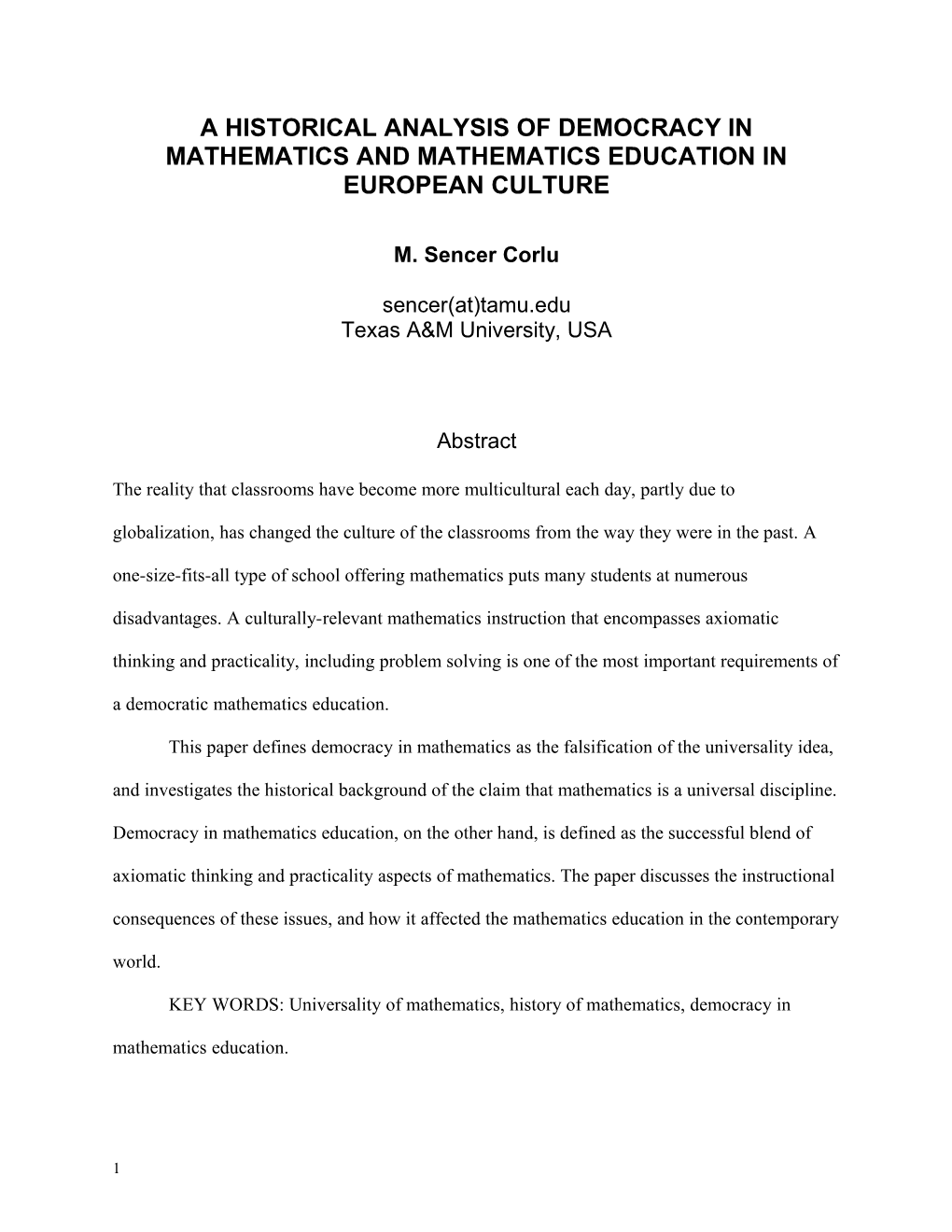 Democratic Mathematics Education: a Lesson from History