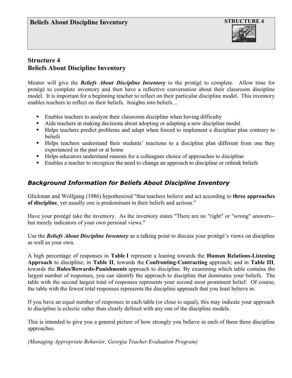 Background Information for Beliefs on Discipline Inventory