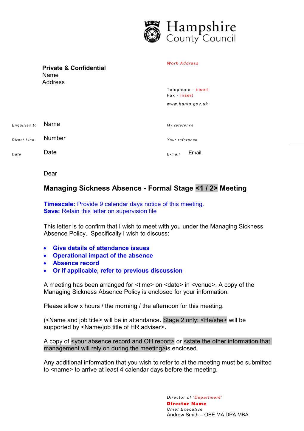 Managing Sickness Absence - Formal Stage &lt;1 / 2 Meeting