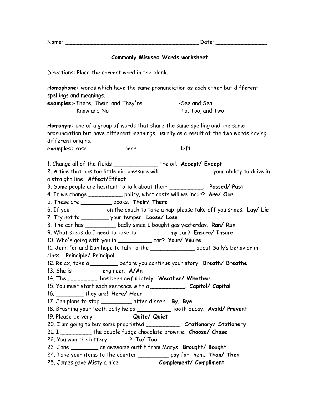 Commonly Misused Words Worksheet