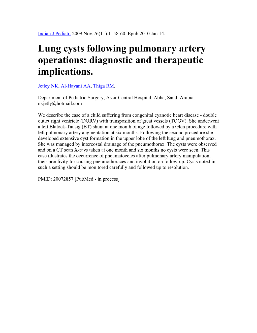 Lung Cysts Following Pulmonary Artery Operations: Diagnostic and Therapeutic Implications