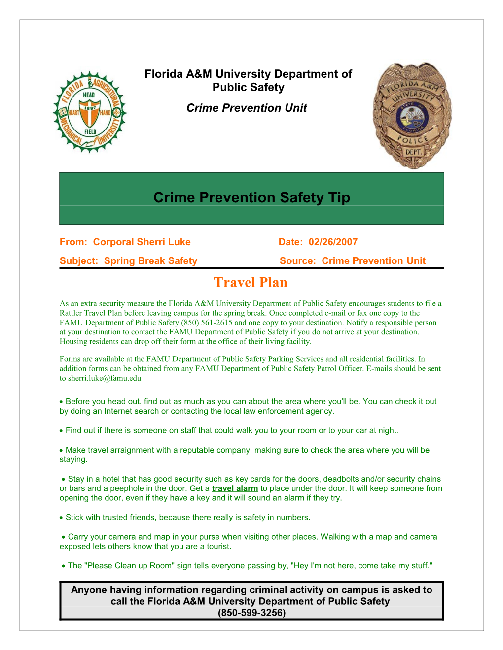 Crime Prevention Safety Tip