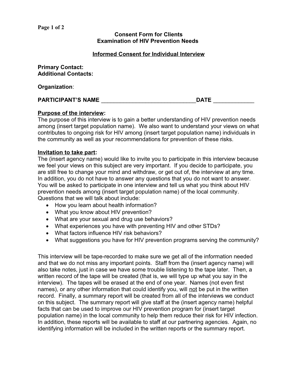 Consent Form for Clients