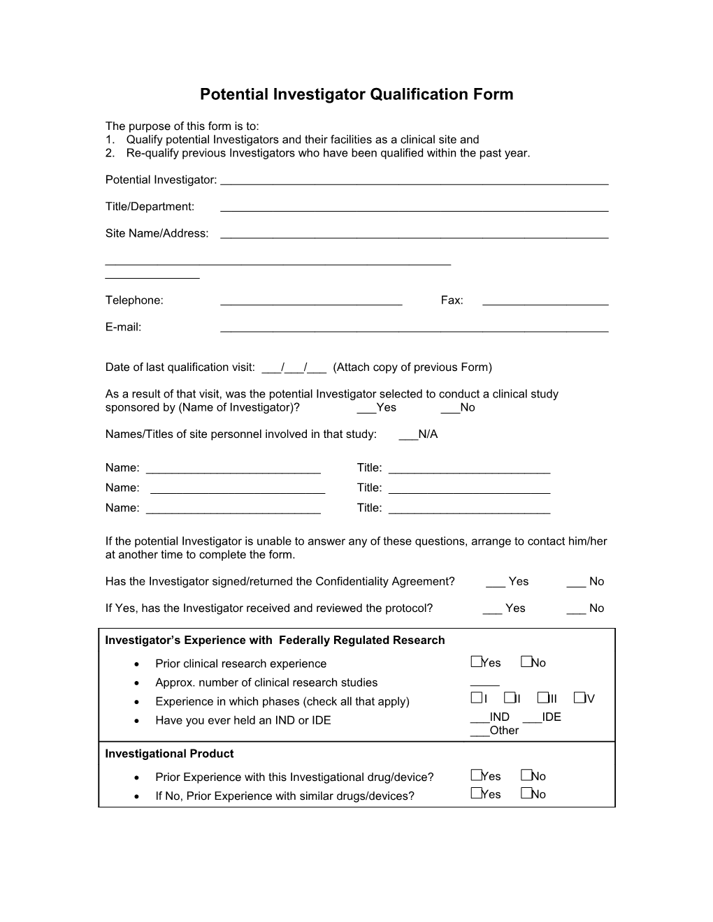 Potential Investigator Qualification Form