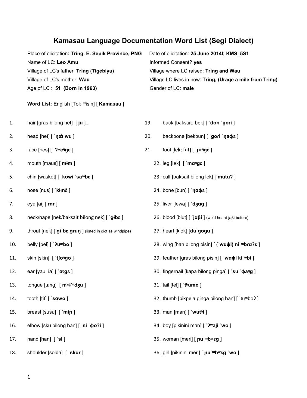 Kamasau Language Documentation Word List (Segi Dialect)