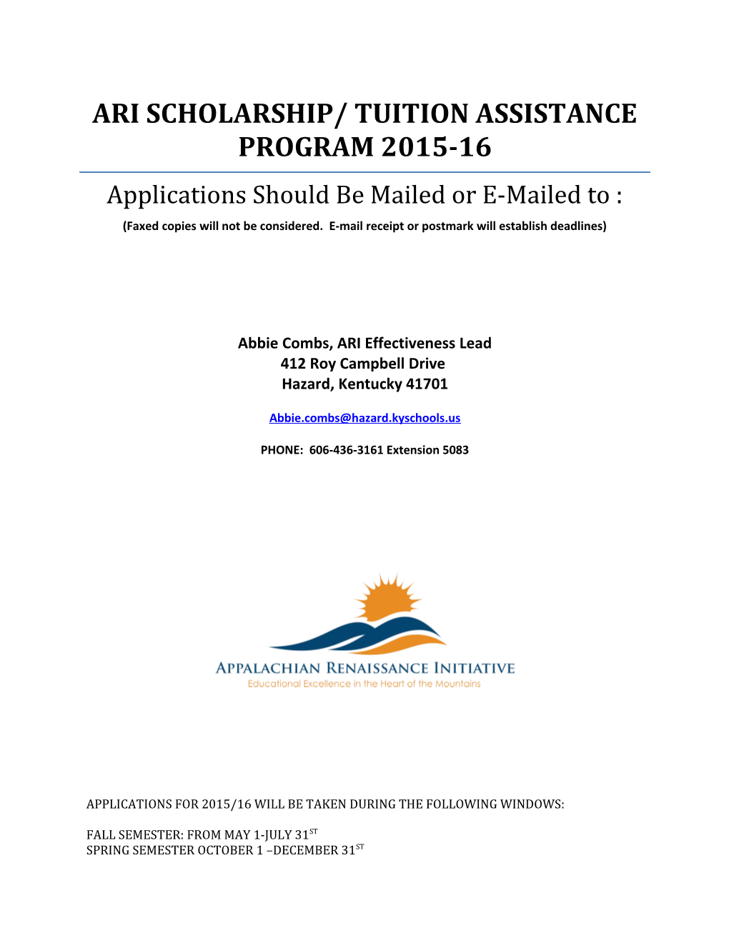 Ari Scholarship/ Tuition Assistance Program 2015-16