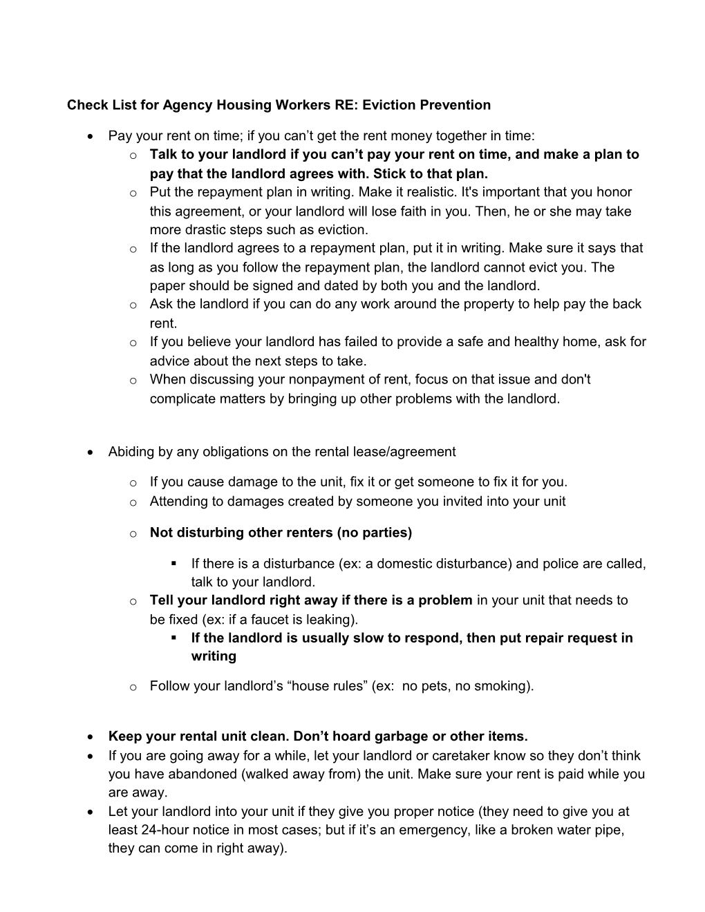 Check List for Agency Housing Workers RE: Eviction Prevention