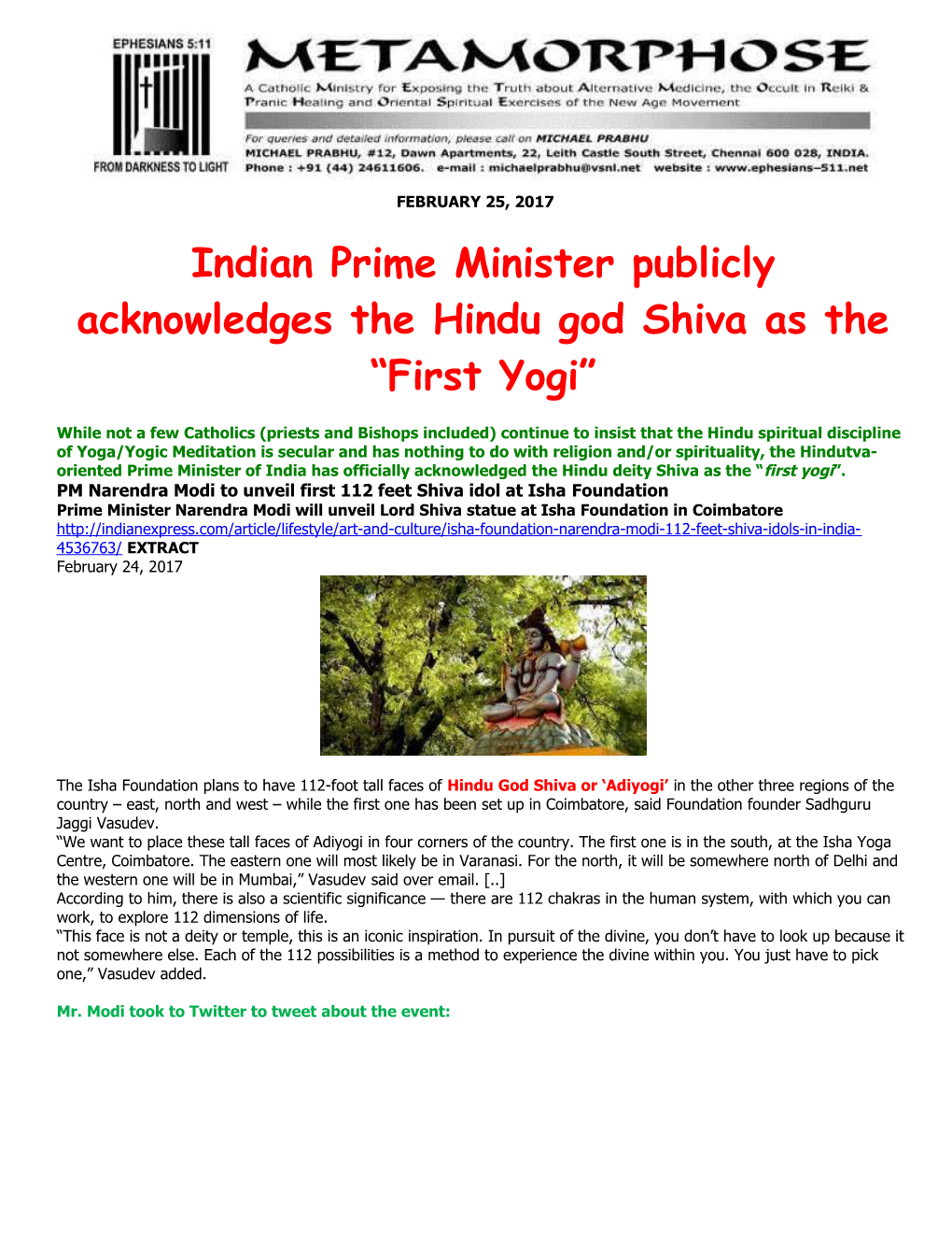 Indian Prime Minister Publicly Acknowledges the Hindu God Shiva As the First Yogi